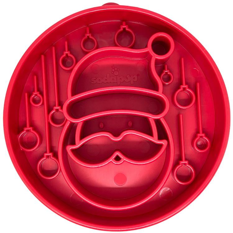 Red Santa Christmas eBowl slow feeder dog bowl with festive Santa face design for enrichment