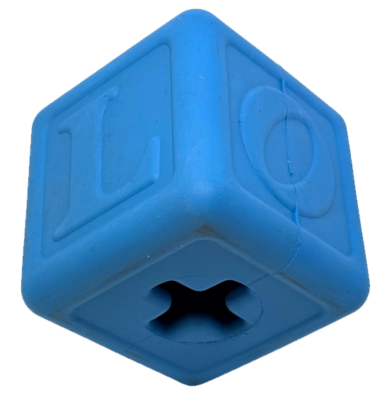 Blue Love Cube eDispenser durable rubber dog chew toy and treat dispenser with raised letters and numbers
