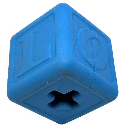 Blue Love Cube eDispenser durable rubber dog chew toy and treat dispenser with raised letters and numbers