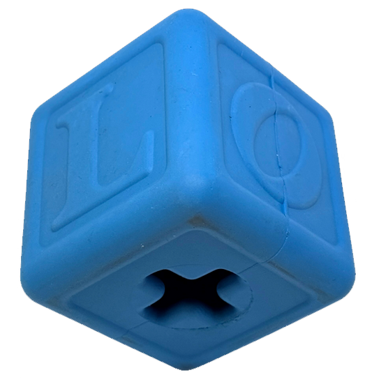 Blue Love Cube eDispenser durable rubber dog chew toy and treat dispenser with raised letters and numbers