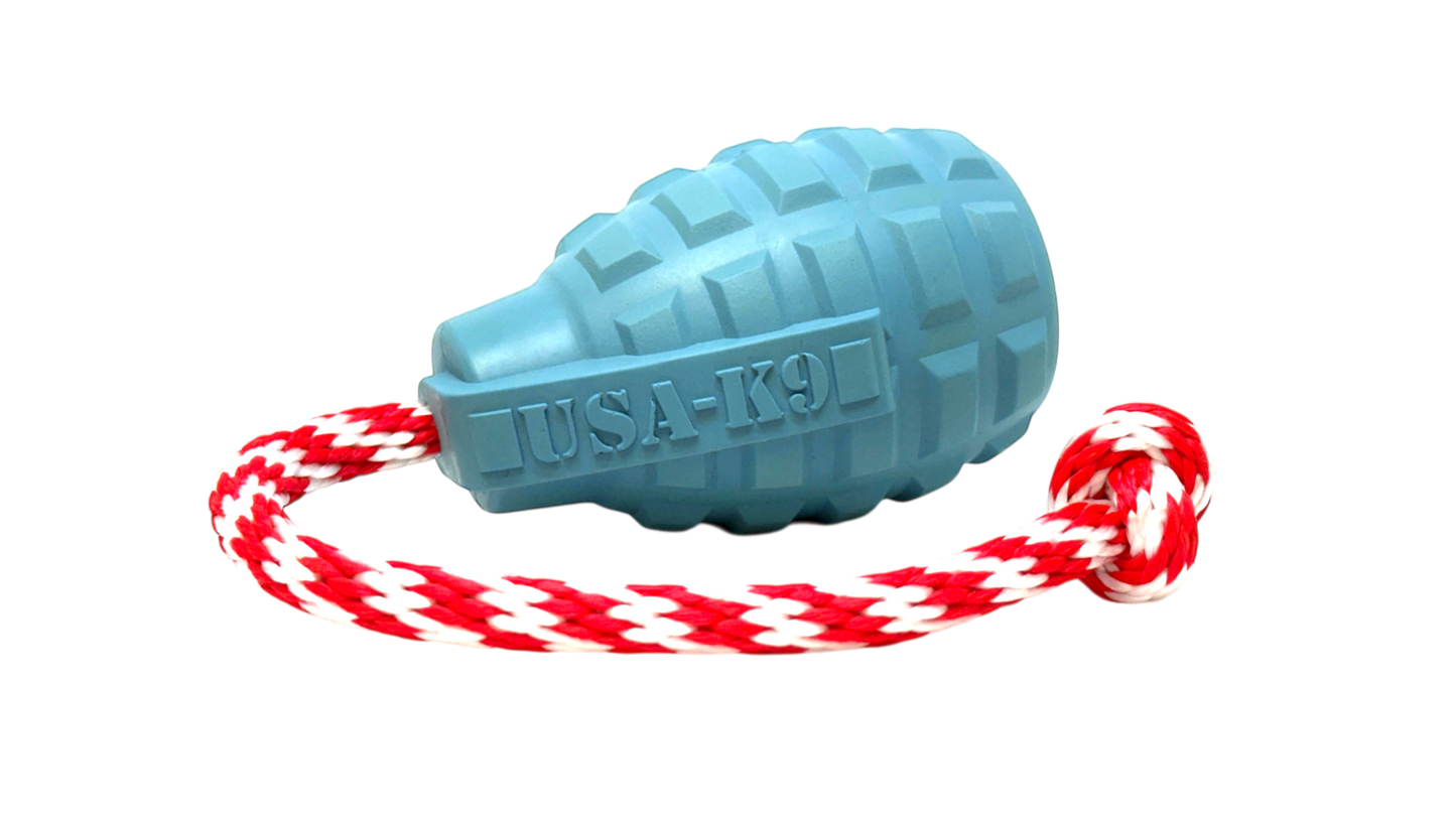 USA-K9 Grenade steel blue rubber dog toy with red and white tug rope for chewing and training