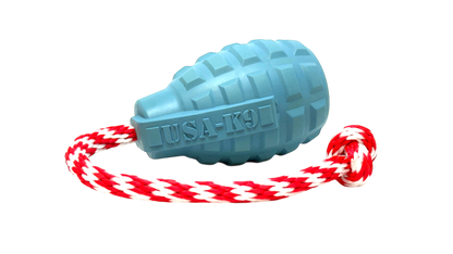 USA-K9 Grenade steel blue rubber dog toy with red and white tug rope for chewing and training
