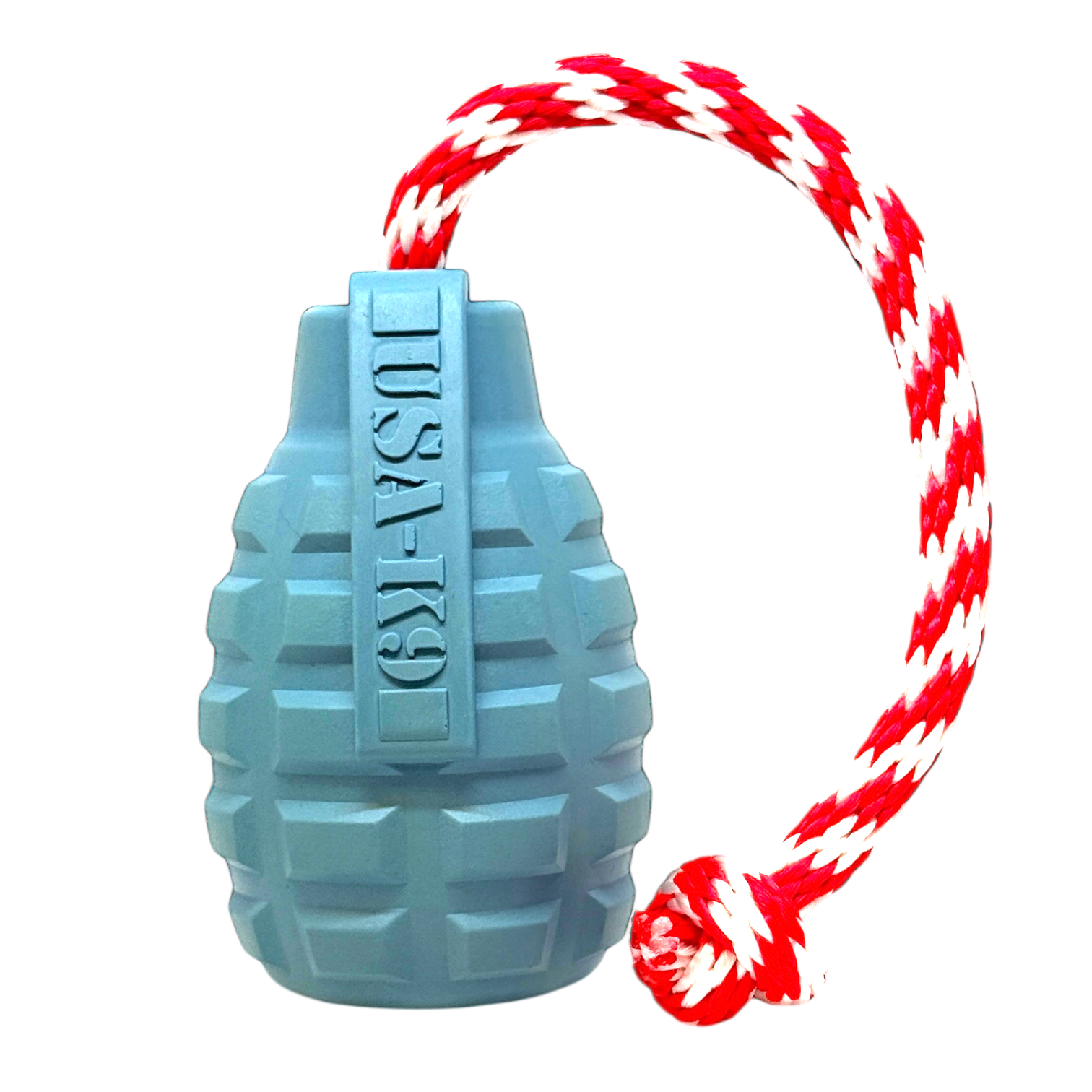 USA-K9 Grenade steel blue rubber dog toy with red and white rope, multi-purpose chew and tug toy for power chewers