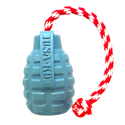 USA-K9 Grenade steel blue rubber dog toy with red and white rope, multi-purpose chew and tug toy for power chewers