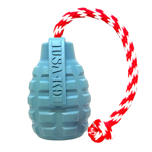 USA-K9 Grenade steel blue rubber dog toy with red and white rope, multi-purpose chew and tug toy for power chewers
