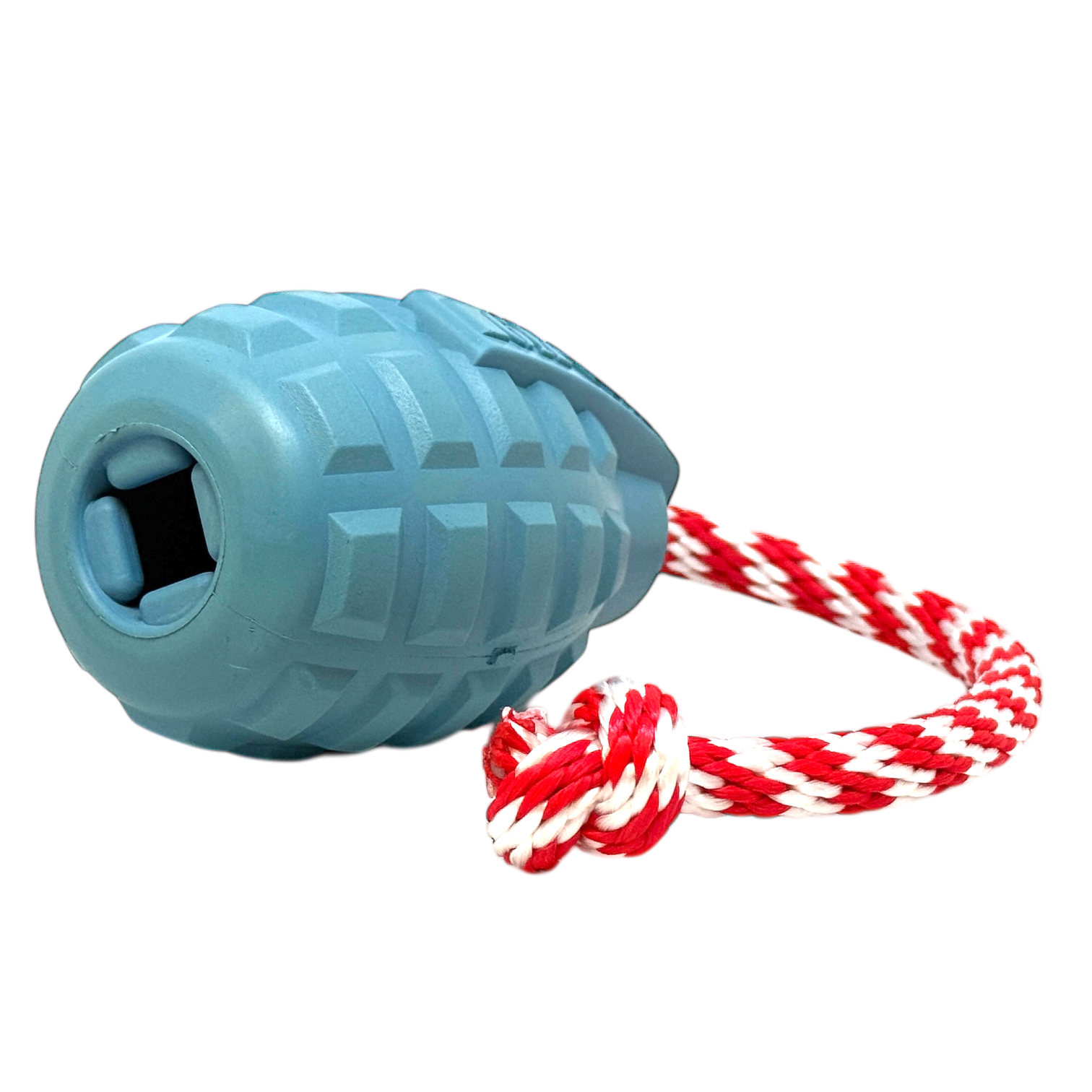 USA-K9 Grenade steel blue rubber dog toy with textured grooves and red white tug rope, multi-purpose chew and treat dispenser for power chewers