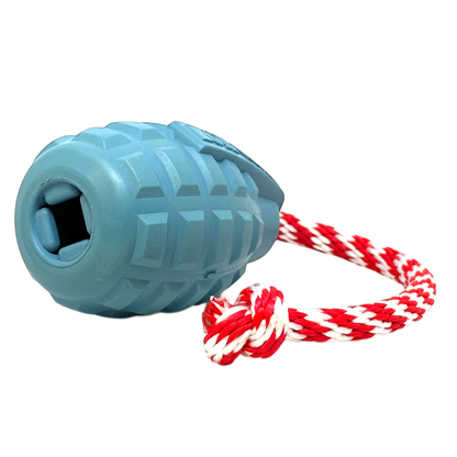 USA-K9 Grenade steel blue rubber dog toy with textured grooves and red white tug rope, multi-purpose chew and treat dispenser for power chewers