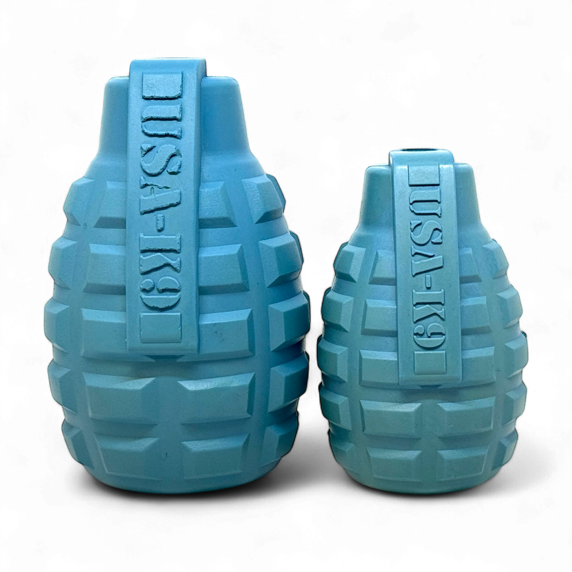 USA-K9 Grenade durable steel blue rubber dog chew toy and treat dispenser for training and tugging