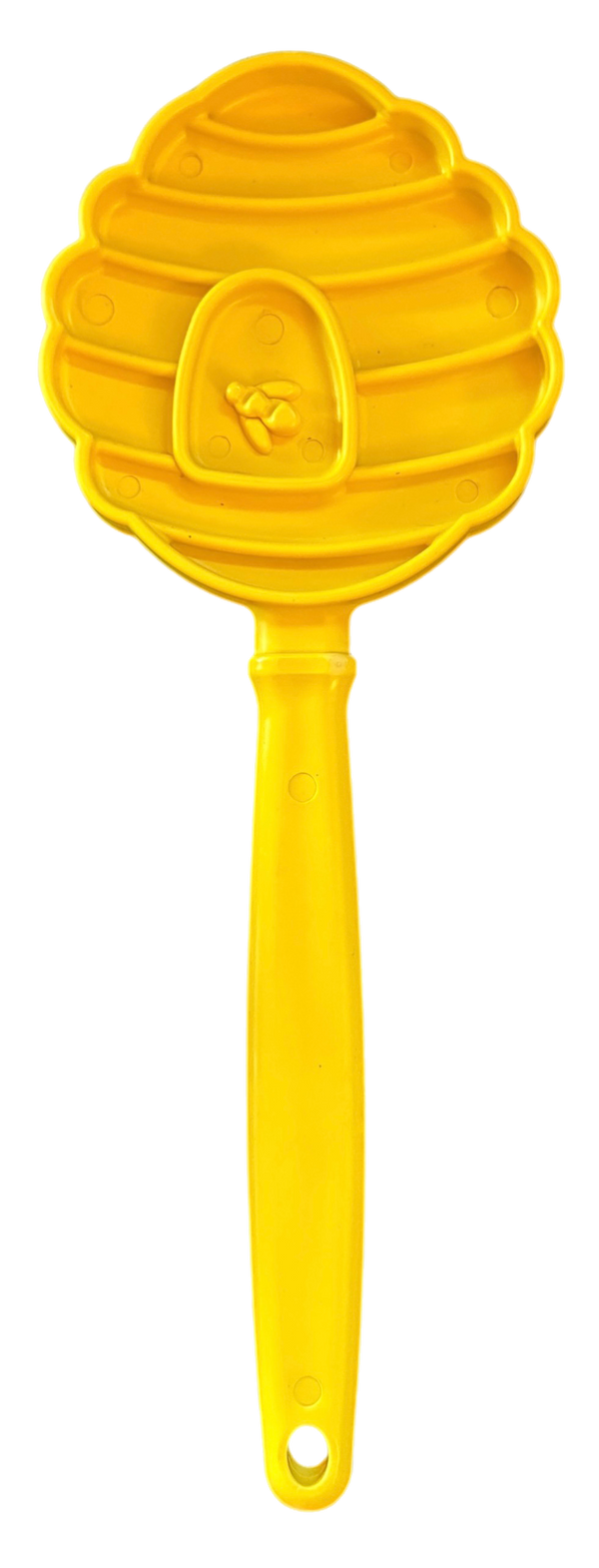 Yellow hand-held dog enrichment toy with textured surface for interactive licking and treat dispensing