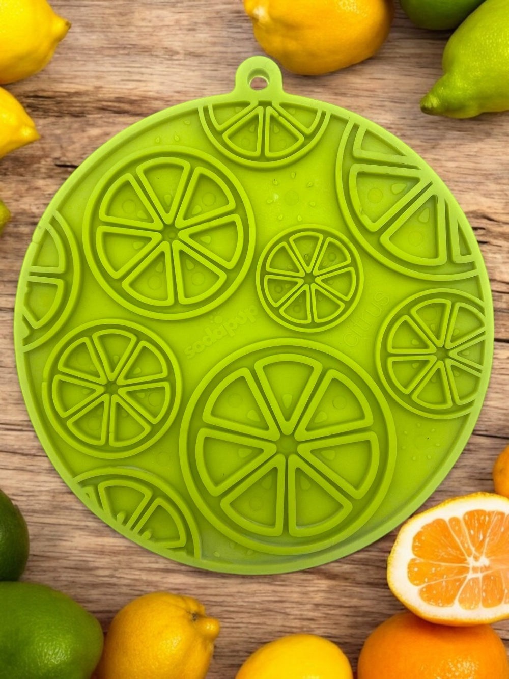 Green citrus pattern enrichment lick mat with suction cups for dogs and cats