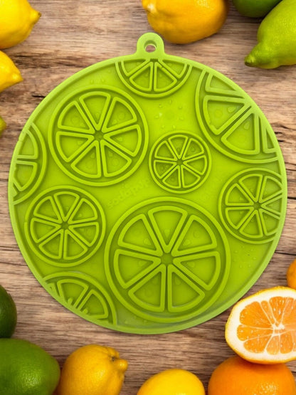 Green citrus pattern enrichment lick mat with suction cups for dogs and cats