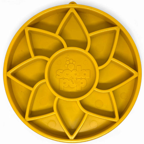 Sunflower eTray shallow yellow slow feeder dog bowl with raised petal design for fast eaters and brachycephalic breeds
