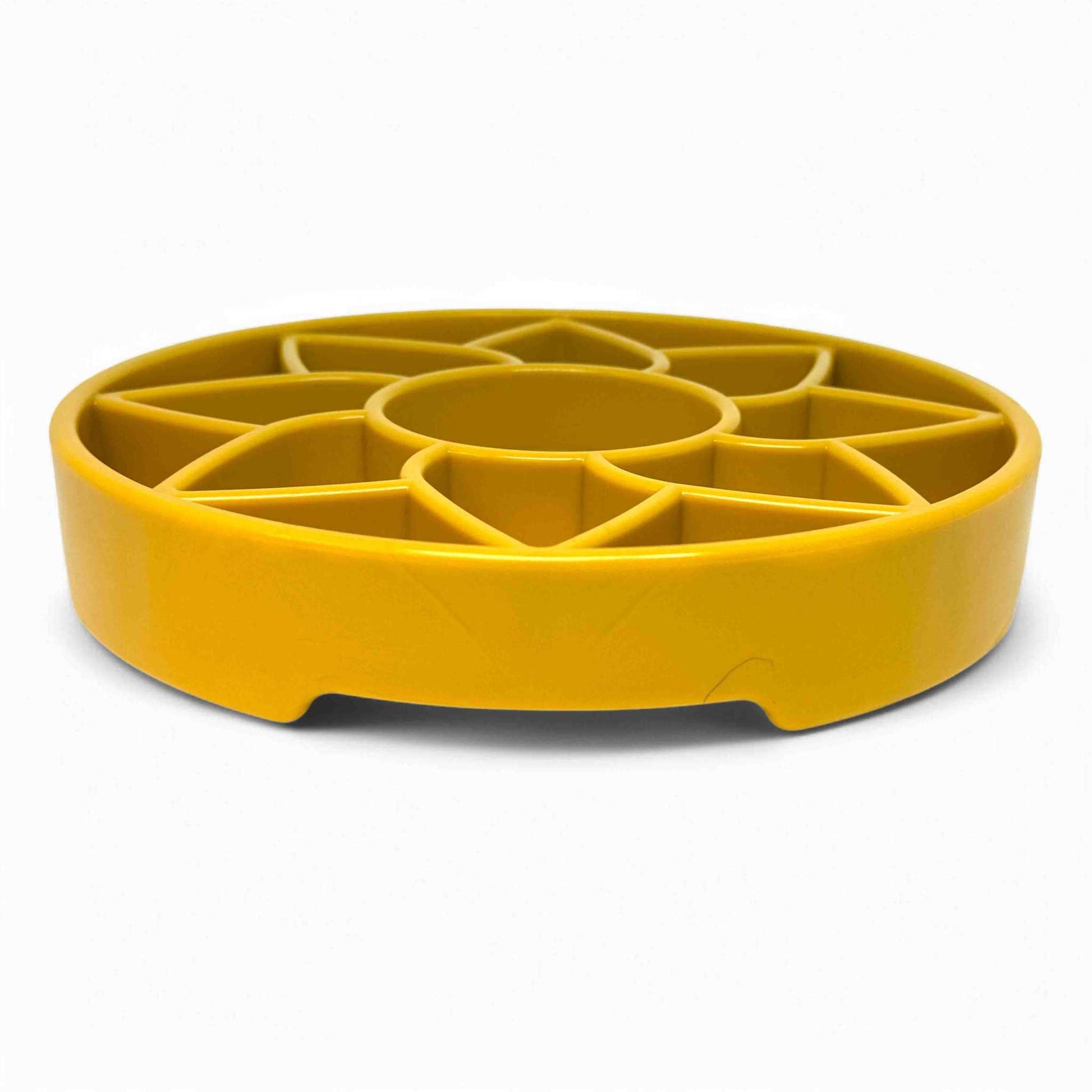 Sunflower eTray shallow yellow slow feeder dog bowl with petal pattern for mental enrichment and slow eating
