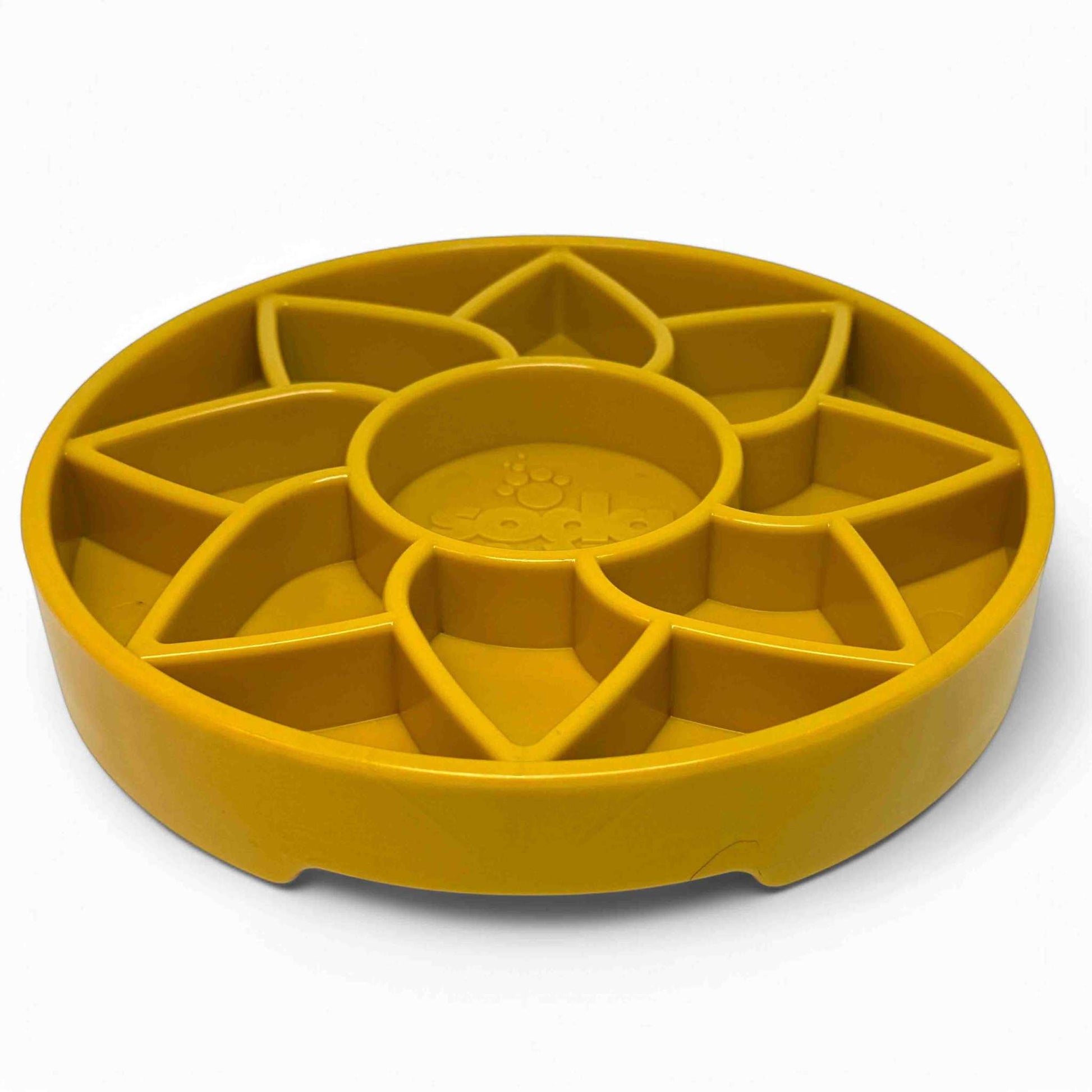 Sunflower eTray shallow slow feeder dog bowl with raised petal pattern for mental enrichment and slow eating, USA made