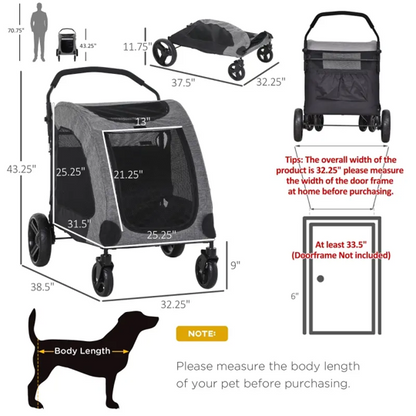Foldable pet stroller for medium dogs with storage pocket and breathable mesh windows