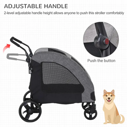 Blue foldable pet stroller with storage pocket and 360-degree front wheels for medium-sized dogs