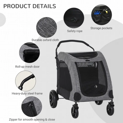 Foldable pet stroller in blue with mesh windows and storage pocket for medium-sized dogs