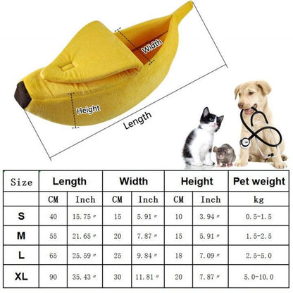 Banana-shaped pet bed in yellow with size chart for cats and small dogs, cozy and portable pet house