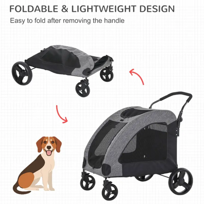 Foldable pet stroller with storage pocket, ventilated windows, 360° front wheels, brakes, and durable Oxford fabric for medium-sized dogs