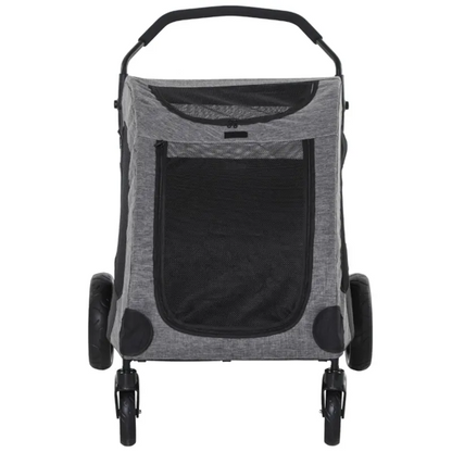 Foldable pet stroller with storage pocket, ventilation mesh, and 360° front wheels for medium-sized dogs