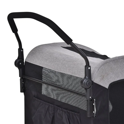 Foldable pet stroller with storage pocket and ventilated oxford fabric for medium dogs, featuring 360° front wheels and rear brakes
