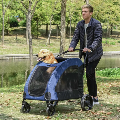 Foldable pet stroller with storage pocket and breathable mesh windows for medium-sized dogs