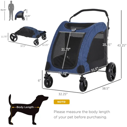 Foldable pet stroller in blue with storage pocket and mesh windows for medium-sized dogs