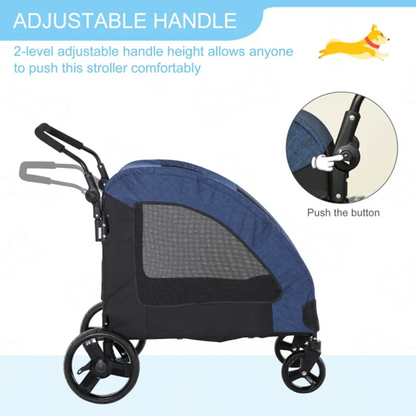 Foldable pet stroller for medium dogs with storage pocket, 360° front wheels, brakes, and breathable mesh windows