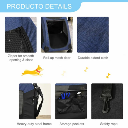 Foldable pet stroller with storage pocket, ventilation, 360° front wheels, brakes, and large space for medium dogs