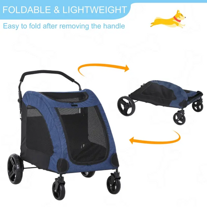 Foldable pet stroller in blue oxford fabric with storage pocket, mesh windows, and 360° rotating front wheels for medium-sized dogs