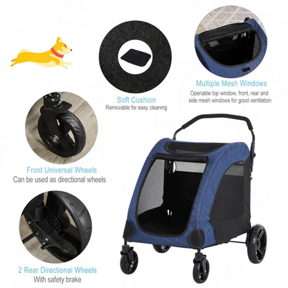Foldable pet stroller with storage pocket and mesh windows for medium-sized dogs