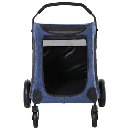 Blue foldable pet stroller with storage pocket, mesh windows, and 360° front wheels for medium-sized dogs