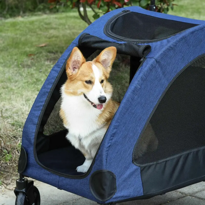 Foldable pet stroller in blue with storage pocket and mesh ventilation designed for medium-sized dogs