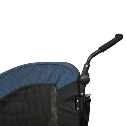 Foldable blue pet stroller with ventilation mesh and storage pocket for medium-sized dogs
