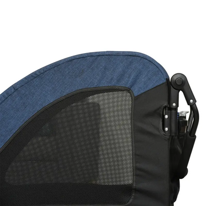 Foldable pet stroller in blue oxford fabric with ventilation mesh and storage pocket for medium-sized dogs