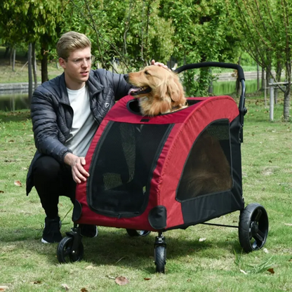 Foldable pet stroller with storage pocket and breathable mesh windows for medium-sized dogs