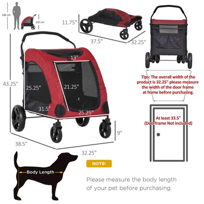 Foldable pet stroller with storage pocket and ventilation for medium dogs, 360° front wheels and rear brakes