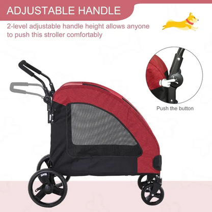 Foldable pet stroller with storage pocket and breathable mesh windows for medium-sized dogs