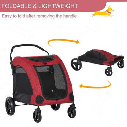 Foldable pet stroller in blue oxford fabric with storage pocket and mesh windows for medium dogs