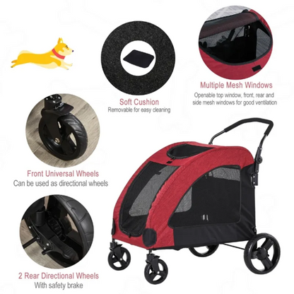 Foldable pet stroller in blue with storage pocket and mesh windows for medium-sized dogs