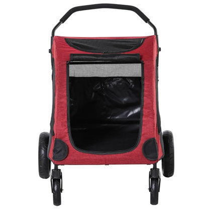 Foldable pet stroller in blue with storage pocket and mesh windows for ventilation, designed for medium-sized dogs