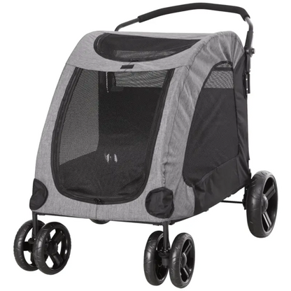 Foldable pet stroller for medium dogs with storage pocket and 360° rotating wheels