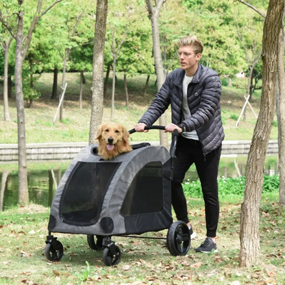 Foldable pet stroller with storage pocket, breathable mesh windows, 360° front wheels, rear brakes, designed for medium-sized dogs