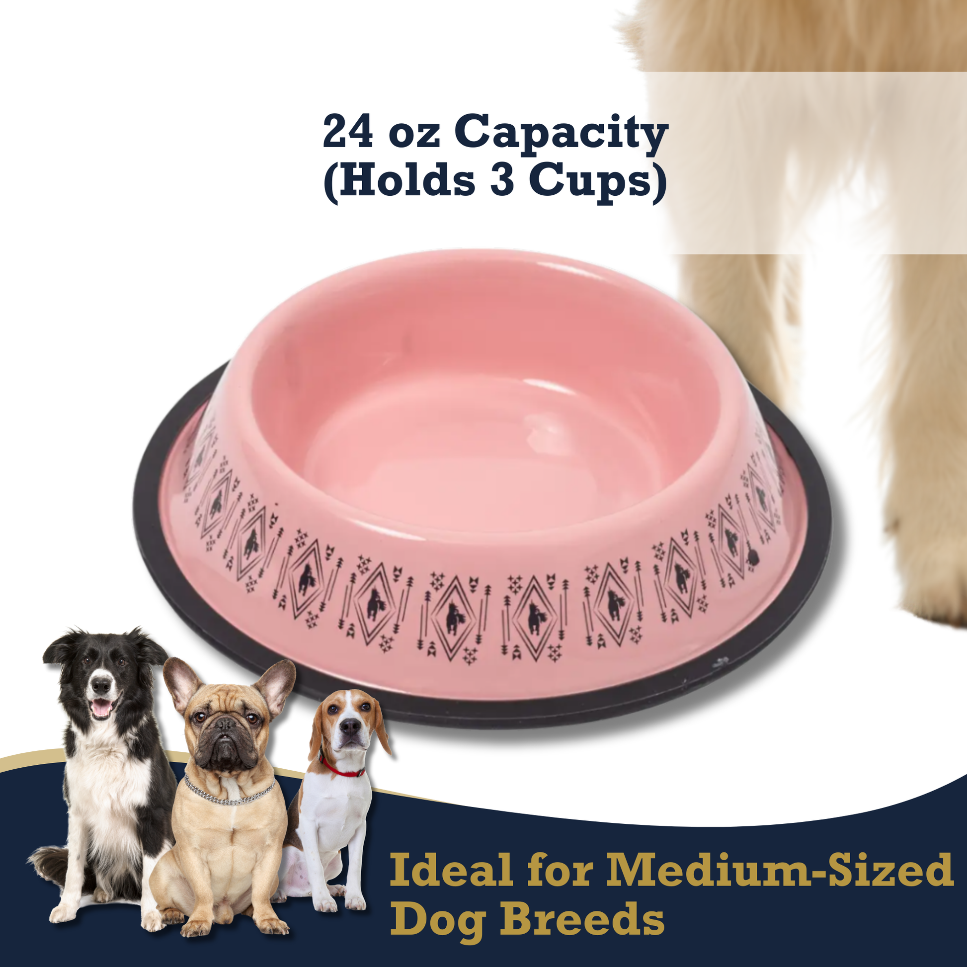 Non-Skid Boho Stainless Steel Dog Bowl with pink unicorn design and silicone base for medium dogs