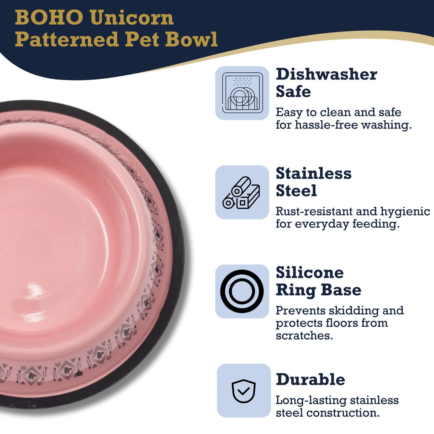 Non-skid boho stainless steel dog bowl with pink unicorn design and silicone base for medium dogs, dishwasher safe and durable