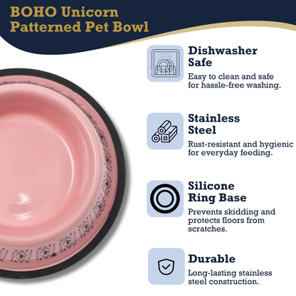 Non-skid boho stainless steel dog bowl with pink unicorn design and silicone base for medium dogs, dishwasher safe and durable