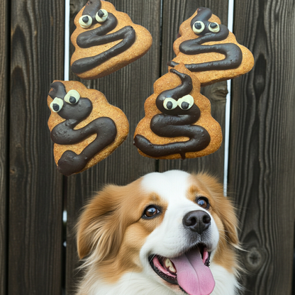 Poop organic dog cookies shaped like poop emoji with chocolate icing and a happy dog below