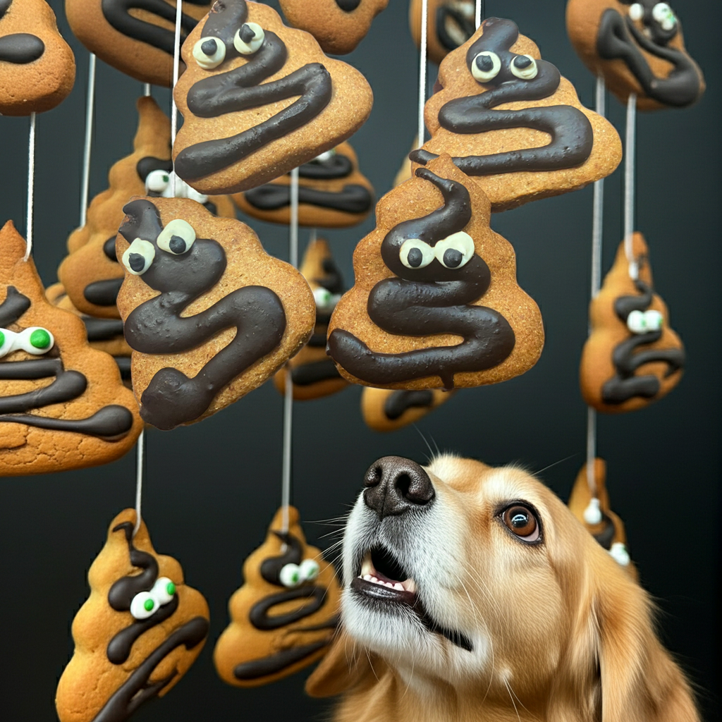 Poop Organic Dog Cookies shaped like poop emoji with peanut butter flavor and dog looking at them