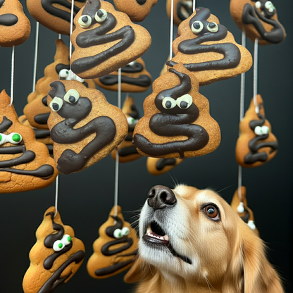 Poop Organic Dog Cookies shaped like poop emoji with peanut butter flavor and dog looking at them