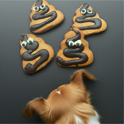 Poop Organic Dog Cookies shaped like poop emoji with chocolate icing and a dog looking at them